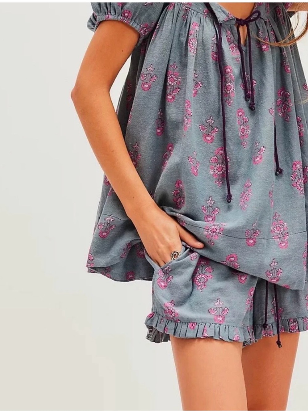 Free people Blue Washed Floral Tie-Front Lounge Top & Shorts Set